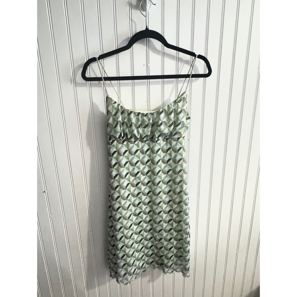 No Comment NY-LA Geometric Mesh Mini Dress Green Ruched Spaghetti Strap Large